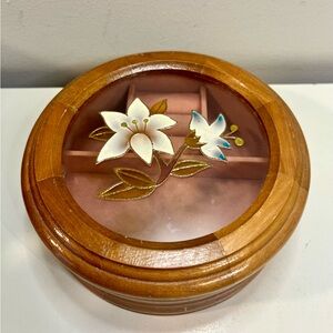 Vintage Round Wooden Box with Floral Inlay
